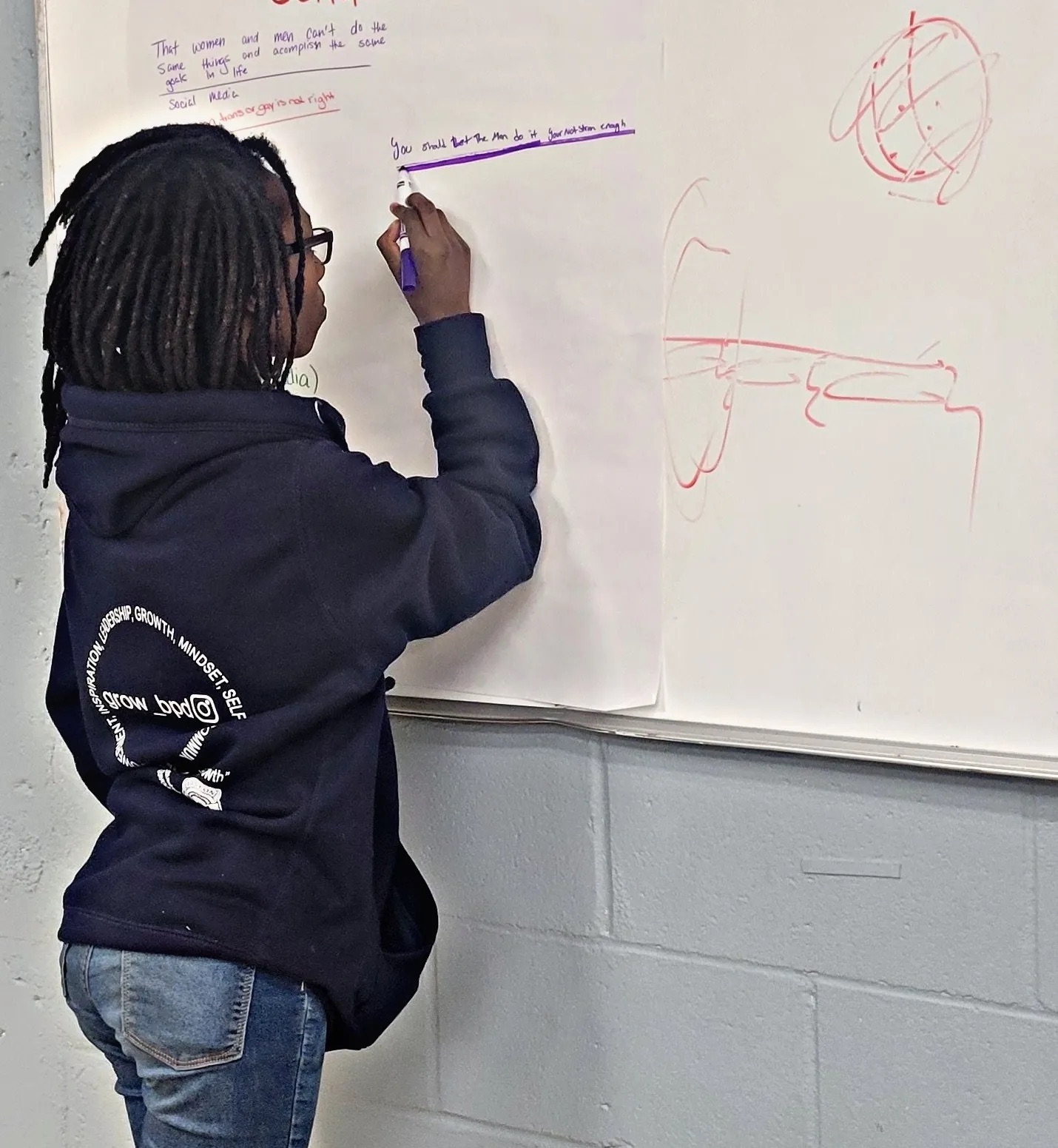 A woman writing on a white board